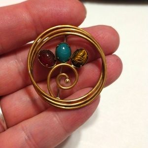 Vintage Petite Gemstone Scarab 14K GF Circle Brooch